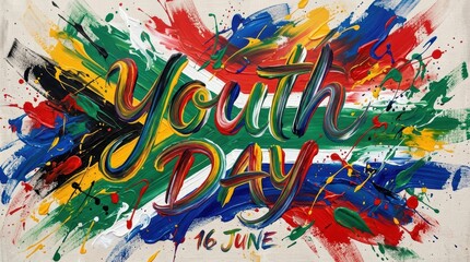 Fototapeta premium Abstract artistic “Youth Day” lettering formed by brush strokes, South African flag colors blending into expressive paint motion in the background, energetic composition, painterly style, no figures