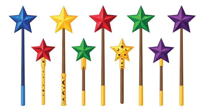 A vibrant collection of colorful star-themed magic wands is presented in an orderly fashion against a clean white background.