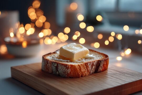 A toasted slice of bread with butter on a wooden table, surrounded by blurred lights in the background for a cozy ambiance.