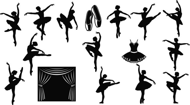 Ballet and Dance Icons Set with Dancer Silhouettes, Ballet Shoes, Tutu, Curtain, and Performance Poses for Dance Art and Event Designs