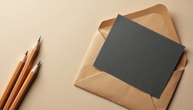 Open brown envelope with blank grey card inside. Three unsharpened pencils lie on light surface. Simple flat lay composition for writing, drawing or message.