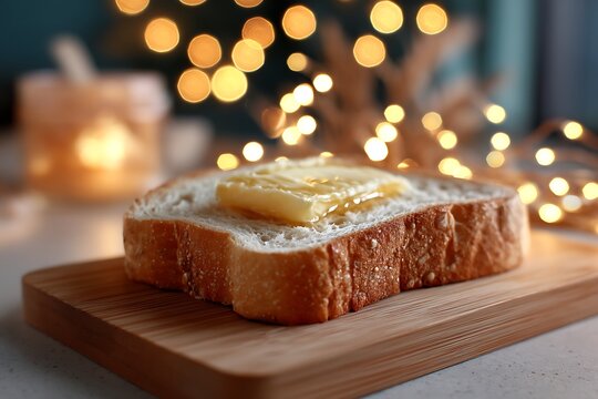 A toasted slice of bread with butter on a wooden table, surrounded by blurred lights in the background for a cozy ambiance.