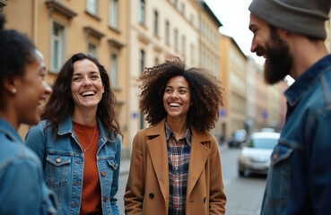 Fototapeta premium Four friends laugh together on a city street. Diverse group of young adults share happy moments outdoors. People enjoying conversation in urban setting.