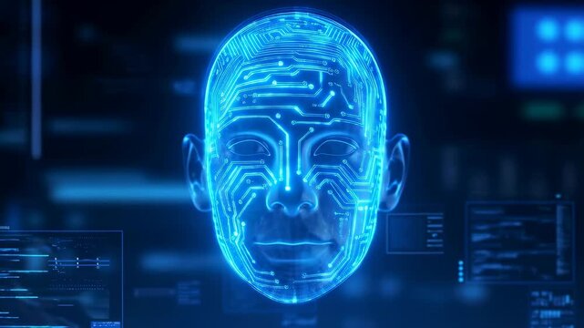 Futuristic digital face with glowing circuitry representing artificial intelligence and technology. Symbolizes the evolution of human-computer interaction and innovation