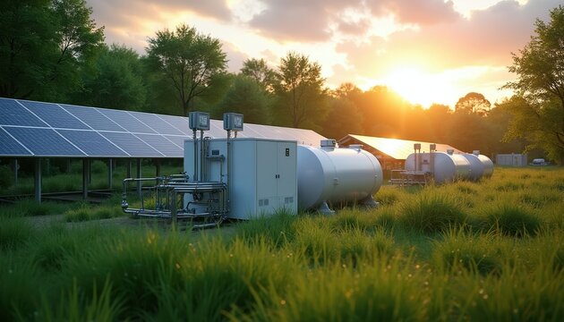 Solar panels and hydrogen fuel cells create clean energy in green field. Storage tanks and complex pipes form microgrid system. Sunrise light beams.
