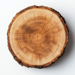 Obraz premium Cross-sectional Wood Log Slice with Distinct Growth Rings on White Background for Environmental and Sustainability Concepts