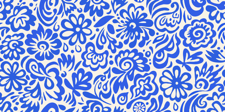 blue and white floral pattern repeating botanical illustration