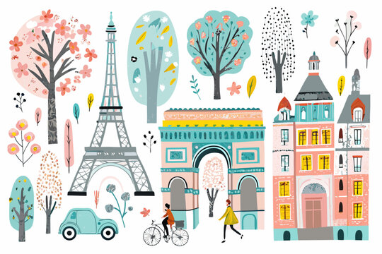 illustrated french cityscape with eiffel tower and buildings