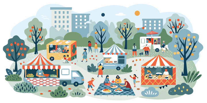 Food truck festival illustration with people and city background