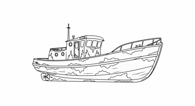 Old, weathered tugboat with a peeling hull, depicted in outline
