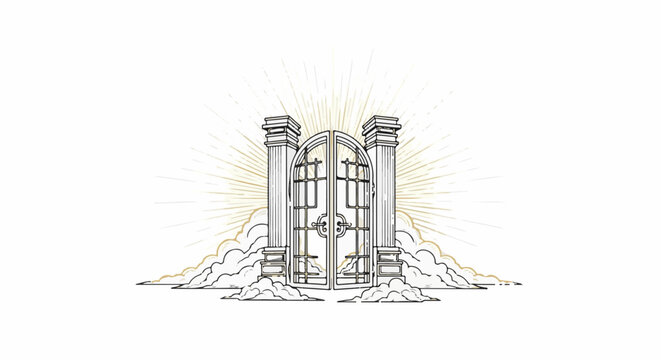 Ornate gate with columns and radiant sunburst against a cloudy sky
