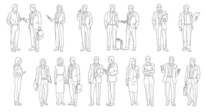 Architectural people entourage set, diverse figures in business and casual poses with dogs and stroller, vector line art sketches for CAD drawings.