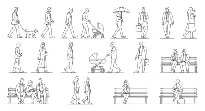 Minimalist people outlines collection, professional and lifestyle poses for urban design elevations and landscape visualization, hand-drawn style.
