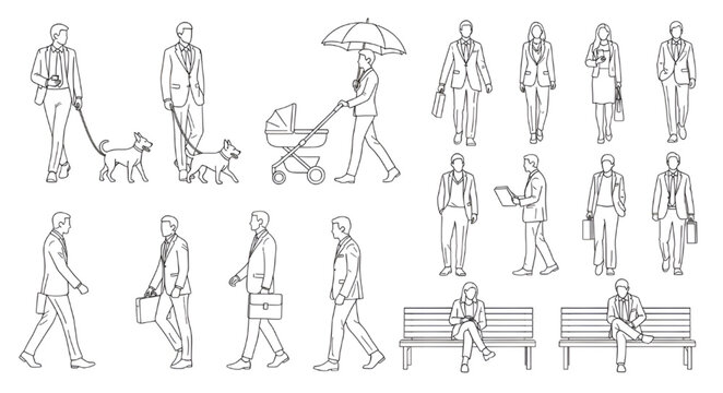 Human scale figures for architectural rendering, thin line sketches of people walking, sitting on benches, and carrying umbrellas, isolated vector.
