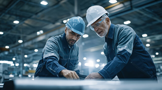 Two experienced engineers wearing hard hats examine technical blueprints inside a large industrial facility.