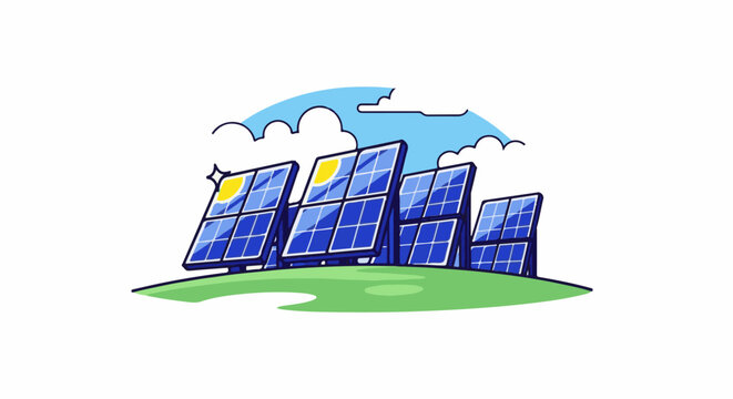 Multiple solar panels arrayed on a green hill under a blue sky