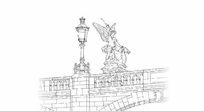 Ornate lamppost and winged statue atop a stone bridge railing