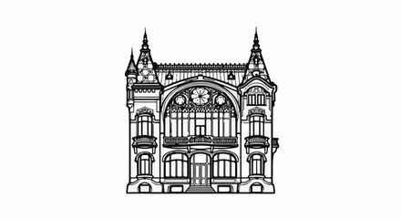 Obraz premium Ornate line art depicts an elaborate, multi-story building with towers and decorative windows