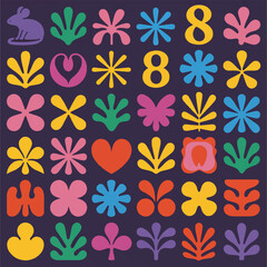Fototapeta premium A Whimsical Arrangement of Abstract Floral and Heart Shapes in a Playful, Retro-Inspired Color Palette on a Deep Purple Background