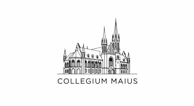 Ornate architectural drawing of a gothic building with spires and arched windows, text below