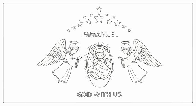 Nativity scene with two angels, baby, and stars above with text