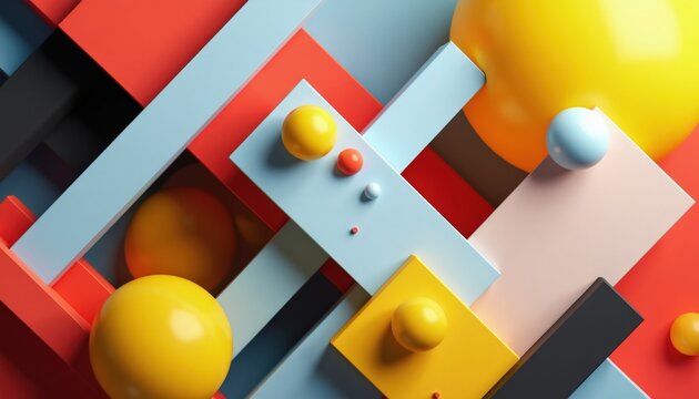 Abstract background with vibrant geometric shapes spheres and rectangles. Colorful composition, creative design with bold colors and contrasting lines. Modern aesthetic arrangement, abstract art.