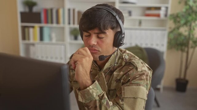 Man in camouflage military uniform wearing headset at computer, pressing fingertips to his eyes while seated in a building beside a bookshelf and monitor; stress.