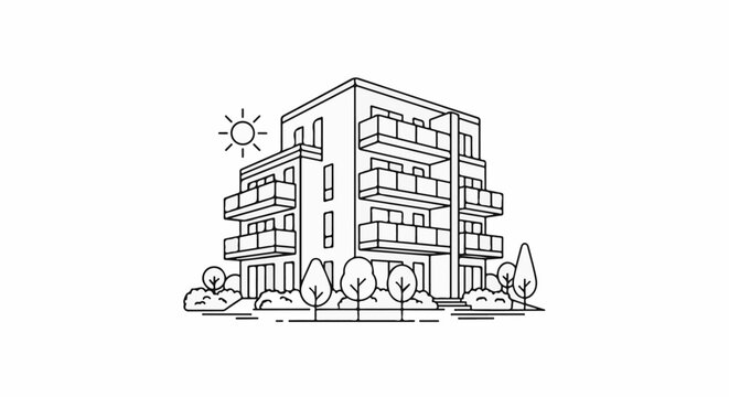 Modern apartment building with balconies and surrounding trees under a bright sun