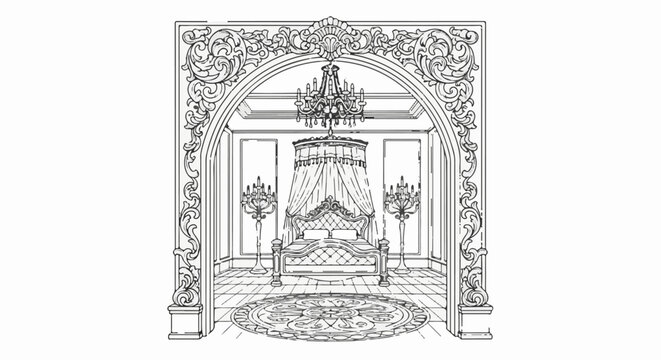 Ornate canopy bed with chandeliers in a grand room