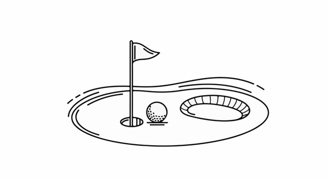 Minimalist line art depicts a golf hole with ball, flag, and sand trap
