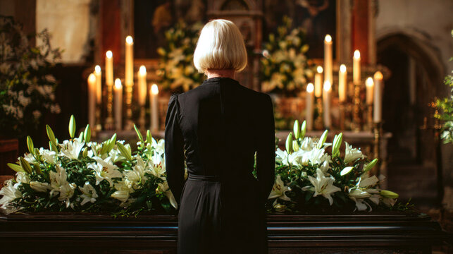 senior woman stands in front of a coffin at a funeral in the church decorated with candles and flowers