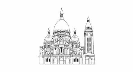 Obraz premium Ornate domed basilica with multiple towers, rendered in a black-and-white sketch style