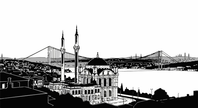 Monochrome sketch of a domed mosque and minarets beside a large suspension bridge