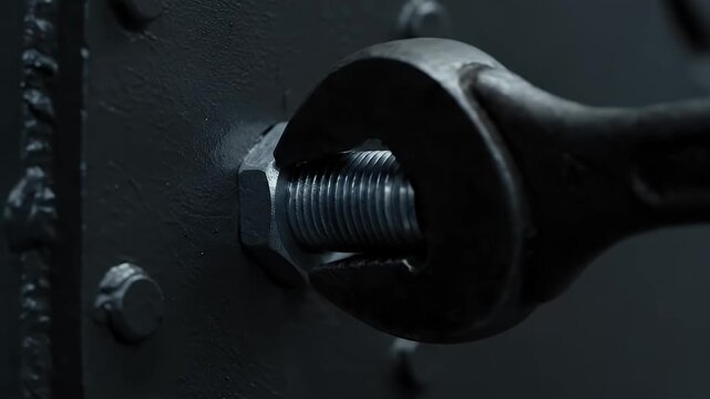 Close Up of Metal Wrench Tightening Bolt on Metal Surface Industrial Dark Black