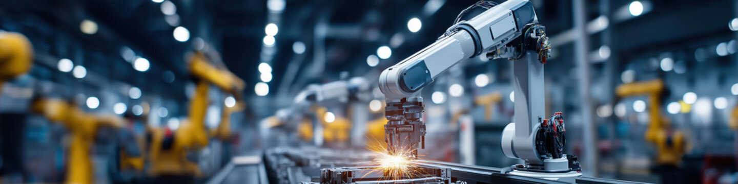 Yellow industrial robotic arms welding metal parts with bright sparks flying.