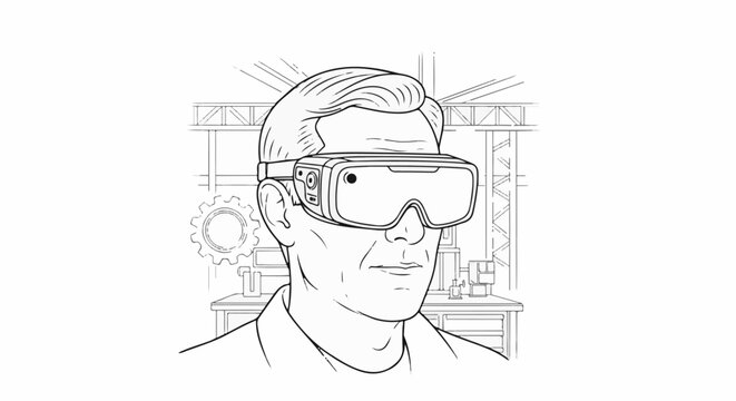 Man wearing virtual reality headset in workshop