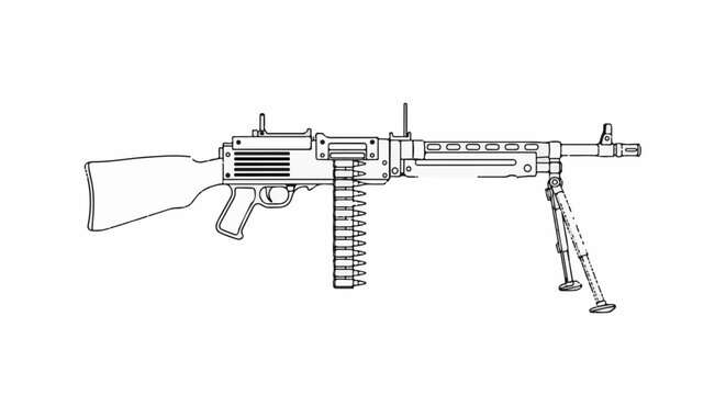 Line drawing of a light machine gun with bipod and ammunition belt