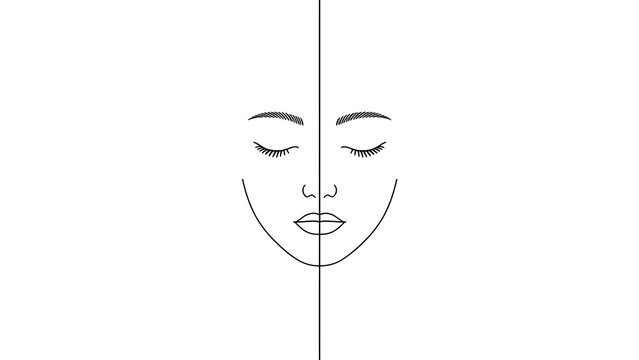 Minimal line art face drawing, thin black lines, white background, modern aesthetic, lots of empty space