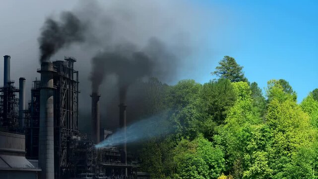 Industrial factory emitting smoke against a backdrop of lush greenery. Highlighting the contrast between industrialization and nature's resilience