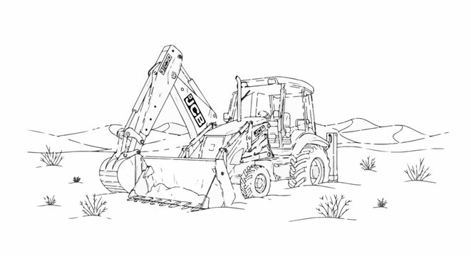 Line art sketch of a backhoe loader in a desert landscape with sparse vegetation