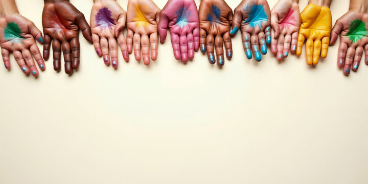 Diverse human palms with joyful inspiring mood showing colorful paint on light background with copy space