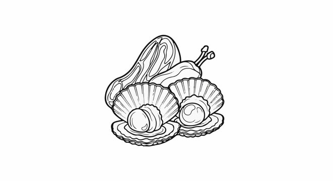 Line art of scallops and a snail with antennae