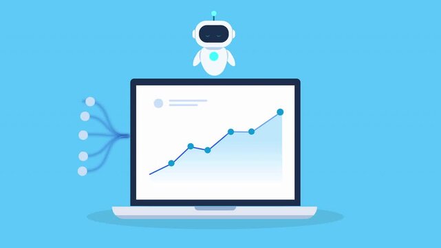 Clean animated video of an AI robot hovering above a laptop with a rising data chart and invoice receipt icon, representing billing systems, financial analytics, transactions, and digital automation.