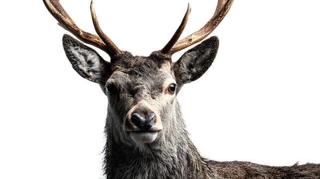 animal portrait cutout of deer standing alert with natural antlers and realistic fur texture, sharp focus, clean edges high definition, isolated on white background