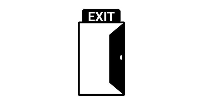 A black exit door icon opens and closes against a clean white background.