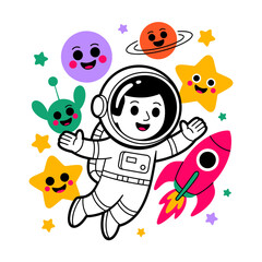 Fototapeta premium Astronaut Boy Floating in Space with Smiling Planets and Aliens