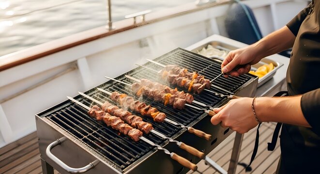 Grilling Shish Kabobs on a Boat Deck Grill - Luxury Maritime Dining Experience