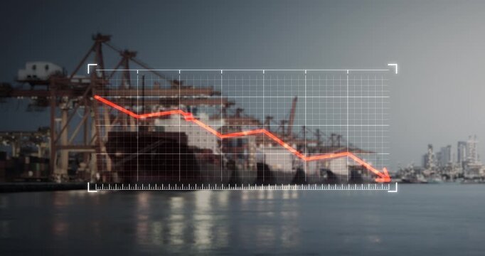 Harbor scene with cargo ships and towering port cranes, overlaid with dynamic downward graph, symbolizing economic decline in the shipping and logistics industry. Concepts of shipping market analysis.