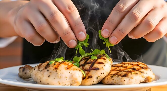 Chef Hands Adding Fresh Herbs to Grilled Chicken - Gourmet Food Preparation