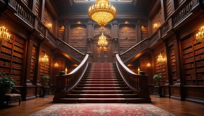 Obraz premium Interior view grand library with wood paneling shelves full of books ornate chandelier. Elegant staircase with red carpet leads up to upper level balustrade lit by wall sconces.